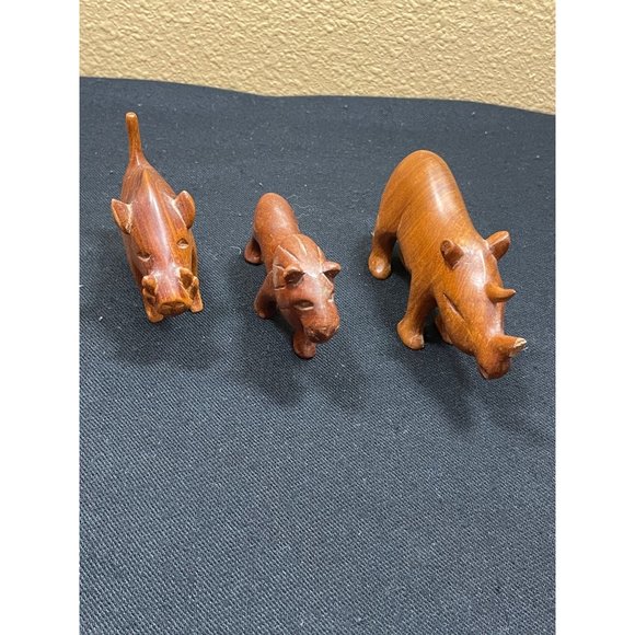 African Hand Carved Wooden Animals Safari Rhino Lion And Hog - Picture 4 of 8